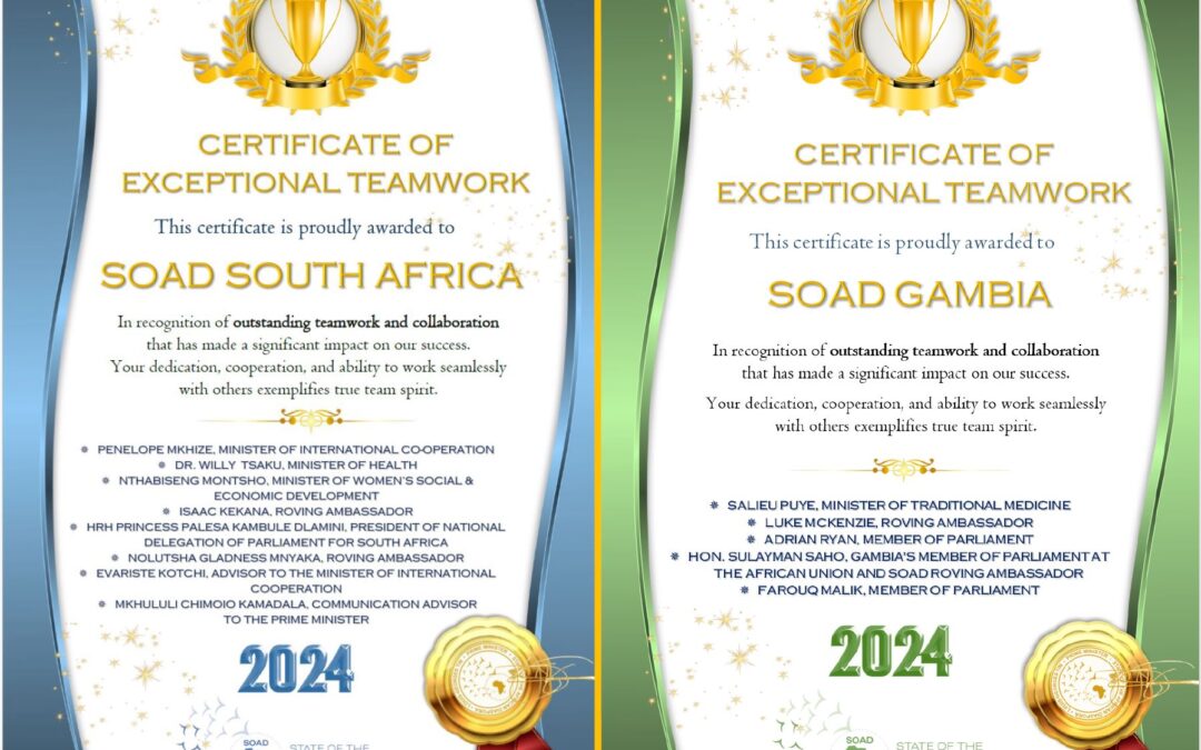 Two National Teams receive an Award : SOAD South Africa and SOAD Gambia